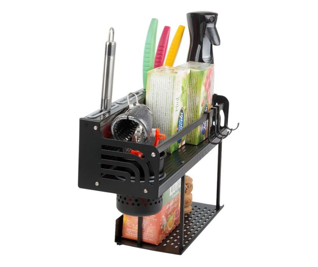 Etajera Metalica pentru Bucatarie/Baie,2 Niveluri, 39x12x24 cm, 6 carlige, Anti-coroziune, Anti-Rugina, culoare Negru - 6