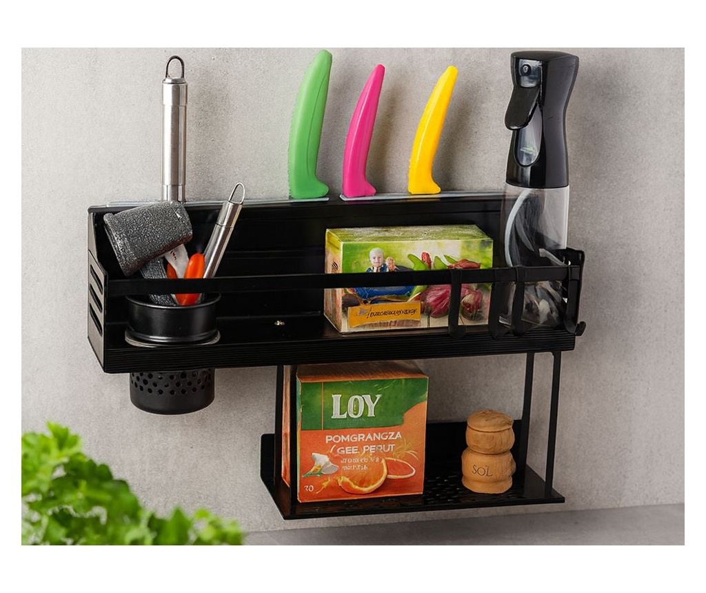 Etajera Metalica pentru Bucatarie/Baie,2 Niveluri, 39x12x24 cm, 6 carlige, Anti-coroziune, Anti-Rugina, culoare Negru - 7