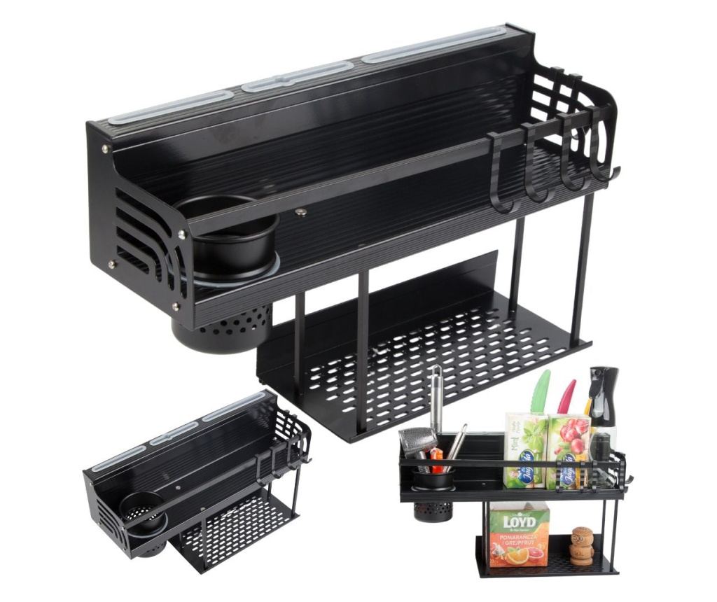 Etajera Metalica pentru Bucatarie/Baie,2 Niveluri, 39x12x24 cm, 6 carlige, Anti-coroziune, Anti-Rugina, culoare Negru - 8