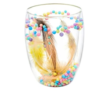 Steklo z vstavkom iz perja in perl v pastelnih barvah, dvojna stena, borosilikatno steklo, 300 ml, Aurora Bloom