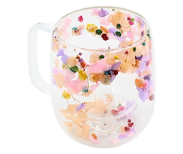 Aurora Bloom Duplafalú Boroszilikát Üveg Bögre Szárított Hortenzia Virágokkal, Pasztell Színek, 250 ml