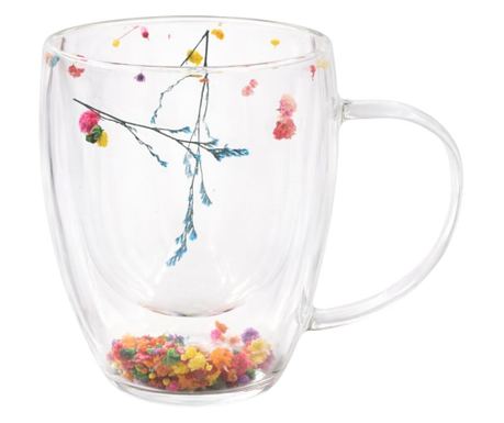 Hrnek s vloženými vícebarevnými sušenými květy, sněženka, dvojitá stěna, borosilikátové sklo, 350 ml, Aurora Bloom