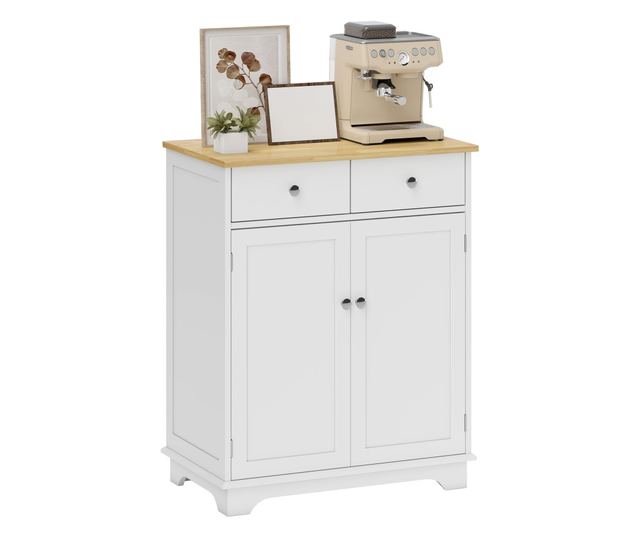 Konyhai tálalószekrény 2 ajtós szekrénnyel és 2 fiókkal, fehér és fa