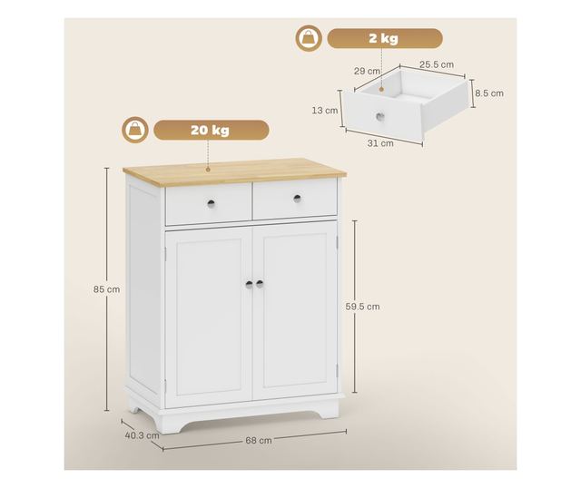 Konyhai tálalószekrény 2 ajtós szekrénnyel és 2 fiókkal, fehér és fa
