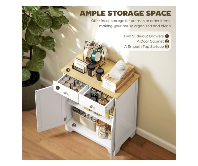 Konyhai tálalószekrény 2 ajtós szekrénnyel és 2 fiókkal, fehér és fa