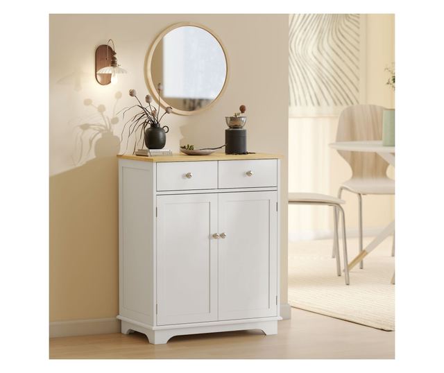 Konyhai tálalószekrény 2 ajtós szekrénnyel és 2 fiókkal, fehér és fa