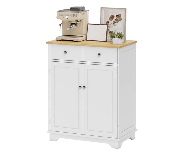 Konyhai tálalószekrény 2 ajtós szekrénnyel és 2 fiókkal, fehér és fa
