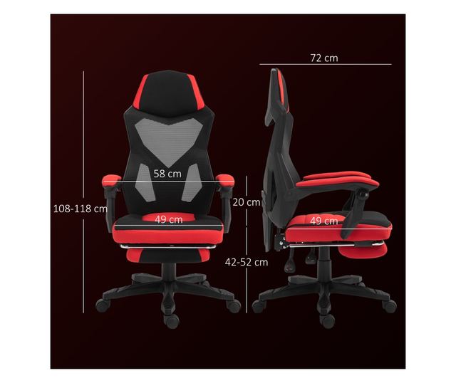 Ergonomikus és dönthető irodai szék lábtartóval - Fekete és Piros