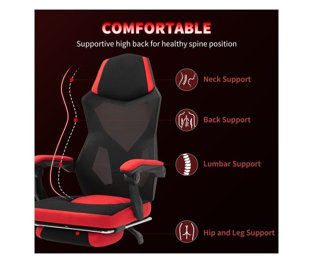 Ergonomikus és dönthető irodai szék lábtartóval - Fekete és Piros