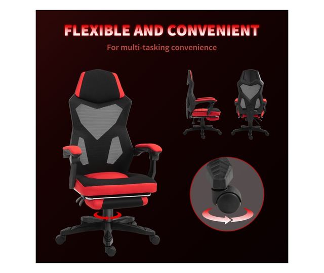 Ergonomikus és dönthető irodai szék lábtartóval - Fekete és Piros