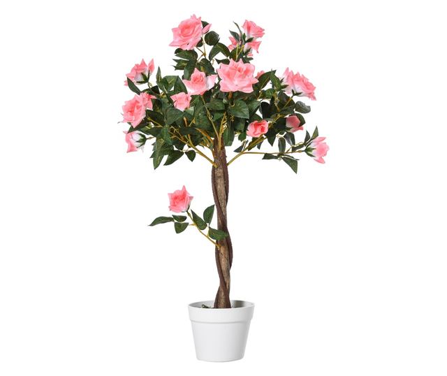 Mesterséges rózsafa 21 virággal, cementtel és mohával töltött cseréppel, Ø18x90 cm, rózsaszín