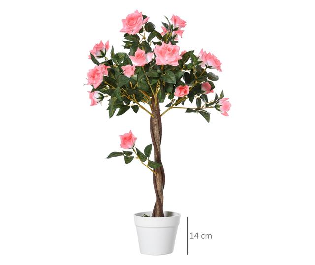 Mesterséges rózsafa 21 virággal, cementtel és mohával töltött cseréppel, Ø18x90 cm, rózsaszín