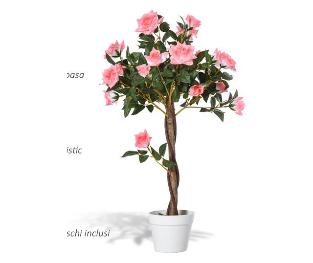 Mesterséges rózsafa 21 virággal, cementtel és mohával töltött cseréppel, Ø18x90 cm, rózsaszín