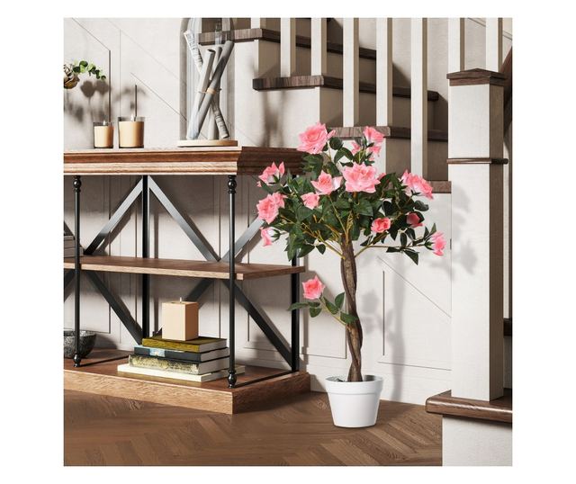 Mesterséges rózsafa 21 virággal, cementtel és mohával töltött cseréppel, Ø18x90 cm, rózsaszín