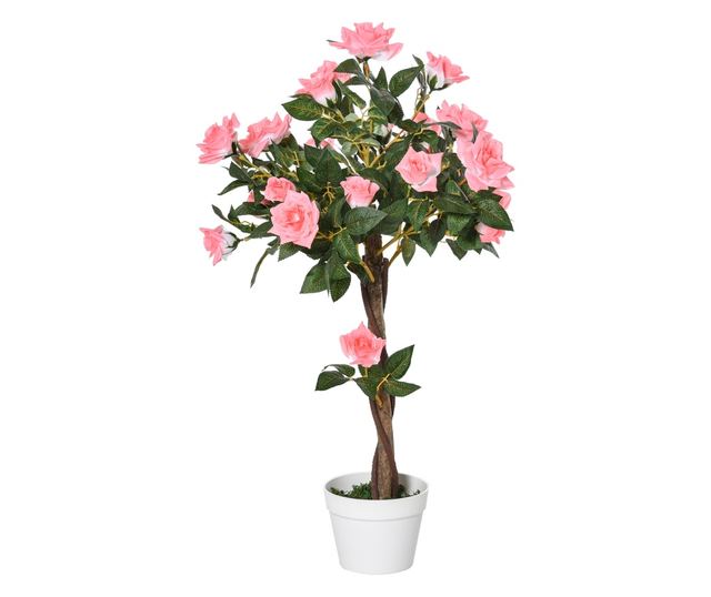 Mesterséges rózsafa 21 virággal, cementtel és mohával töltött cseréppel, Ø18x90 cm, rózsaszín