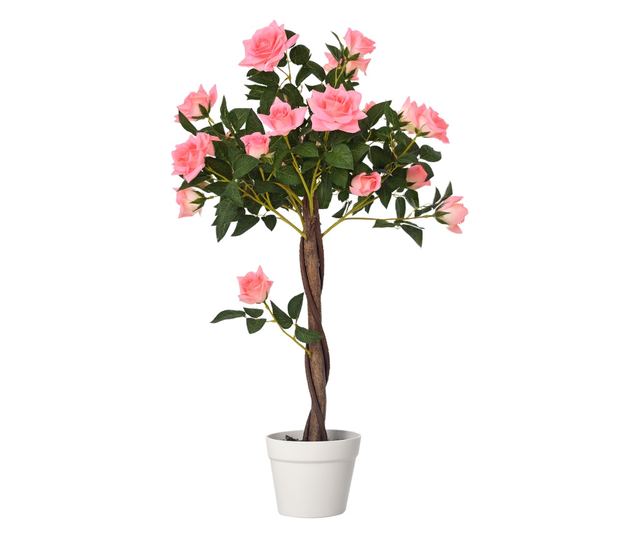 Mesterséges rózsafa 21 virággal, cementtel és mohával töltött cseréppel, Ø18x90 cm, rózsaszín