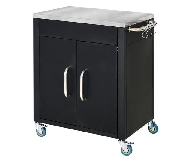 Konyhai kocsi szekrénnyel és 6 rozsdamentes acél kampóval, fekete