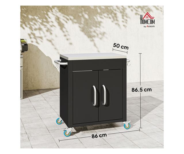 Konyhai kocsi szekrénnyel és 6 rozsdamentes acél kampóval, fekete