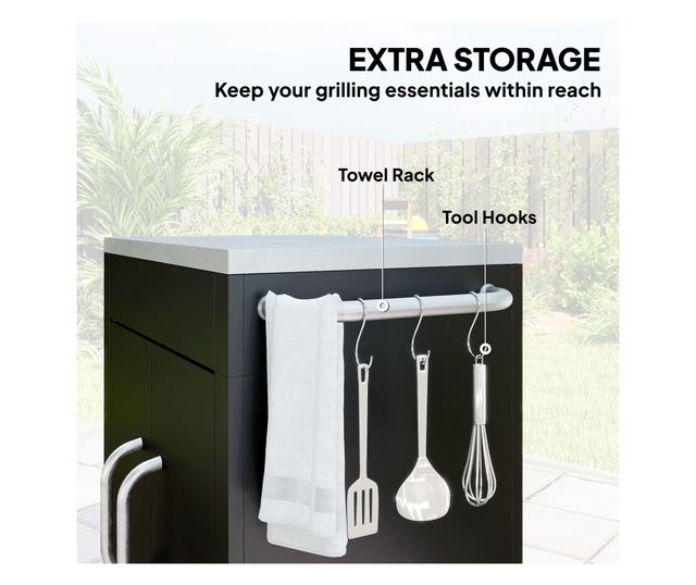 Konyhai kocsi szekrénnyel és 6 rozsdamentes acél kampóval, fekete