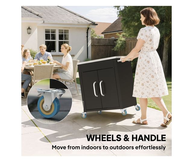 Konyhai kocsi szekrénnyel és 6 rozsdamentes acél kampóval, fekete