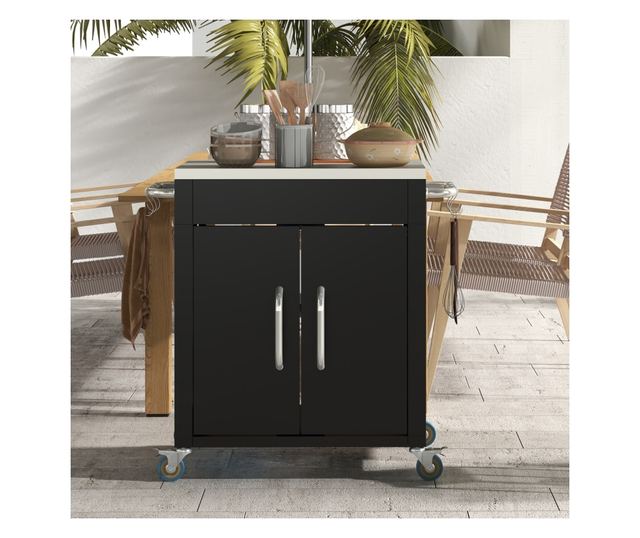 Konyhai kocsi szekrénnyel és 6 rozsdamentes acél kampóval, fekete