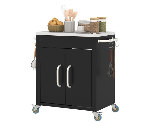 Konyhai kocsi szekrénnyel és 6 rozsdamentes acél kampóval, fekete