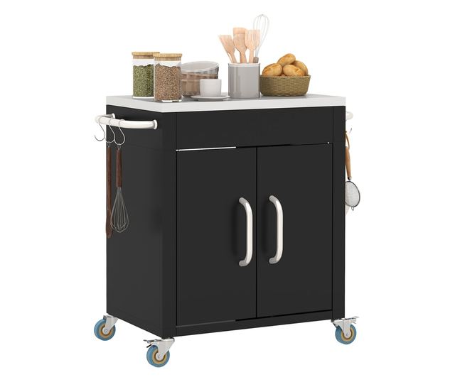 Konyhai kocsi szekrénnyel és 6 rozsdamentes acél kampóval, fekete