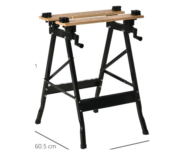 Összecsukható Műhelyasztal 4 satuval, vonalzóval és szögmérővel, 150 kg teherbírással, fekete és fa