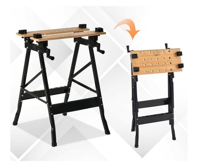 Összecsukható Műhelyasztal 4 satuval, vonalzóval és szögmérővel, 150 kg teherbírással, fekete és fa