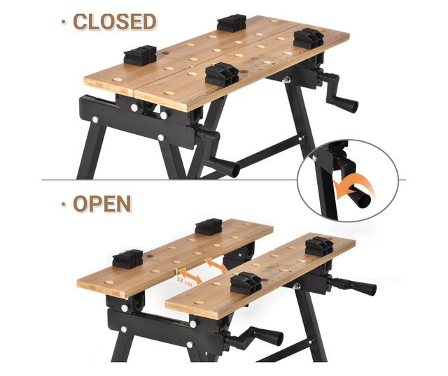 Összecsukható Műhelyasztal 4 satuval, vonalzóval és szögmérővel, 150 kg teherbírással, fekete és fa