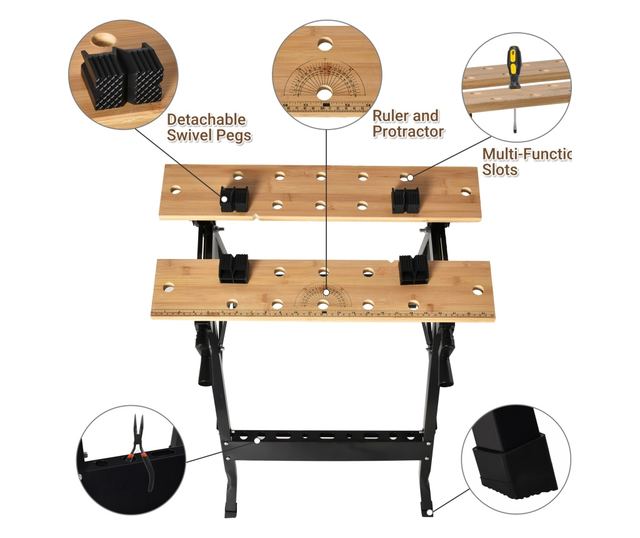 Összecsukható Műhelyasztal 4 satuval, vonalzóval és szögmérővel, 150 kg teherbírással, fekete és fa