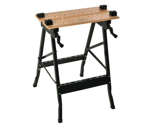 Összecsukható Műhelyasztal 4 satuval, vonalzóval és szögmérővel, 150 kg teherbírással, fekete és fa