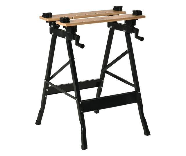 Összecsukható Műhelyasztal 4 satuval, vonalzóval és szögmérővel, 150 kg teherbírással, fekete és fa