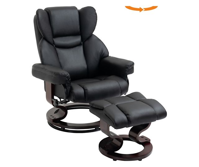Dönthető fotel és puff, 145°-ig dönthető, forgó műbőr ülőfelülettel, fekete