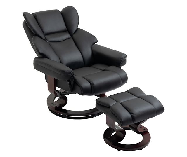 Dönthető fotel és puff, 145°-ig dönthető, forgó műbőr ülőfelülettel, fekete