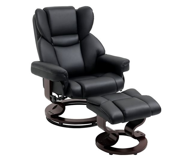 Dönthető fotel és puff, 145°-ig dönthető, forgó műbőr ülőfelülettel, fekete
