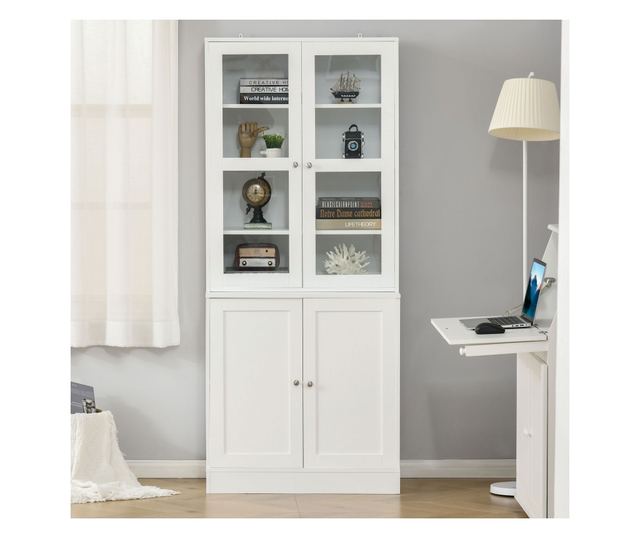 Könyvespolc 2 szekrénnyel, polcokkal és üvegajtókkal - Fehér