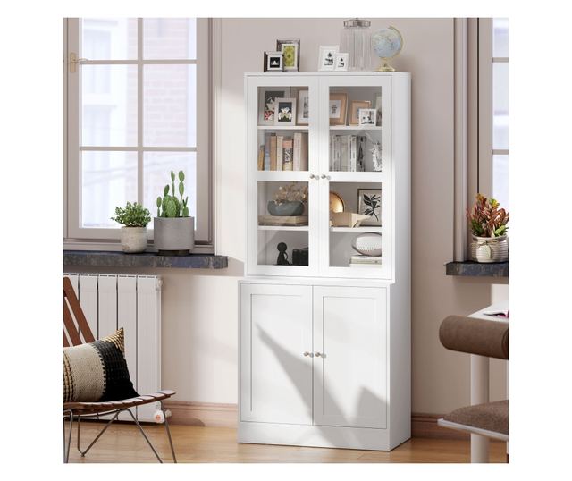 Könyvespolc 2 szekrénnyel, polcokkal és üvegajtókkal - Fehér
