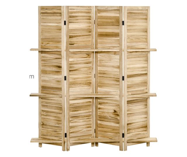 Összecsukható 4 részes szobaelválasztó paulownia fa polcokkal, 162x170 cm, Fa