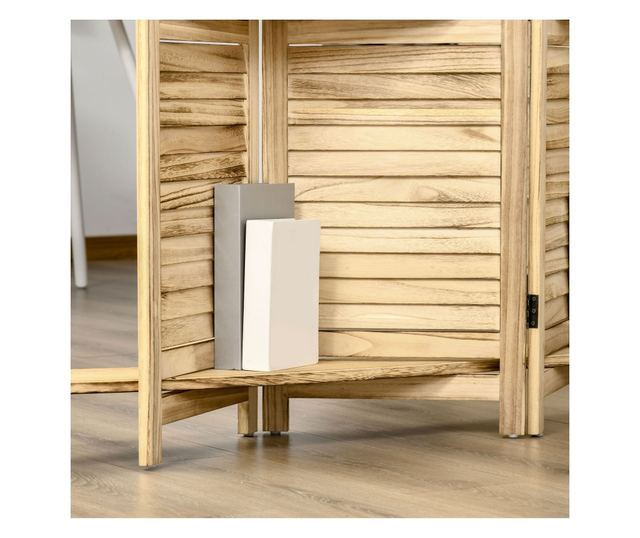 Összecsukható 4 részes szobaelválasztó paulownia fa polcokkal, 162x170 cm, Fa