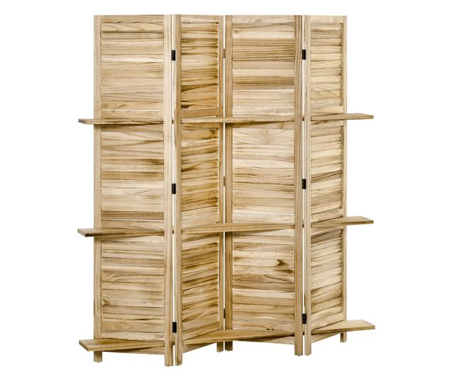 Összecsukható 4 részes szobaelválasztó paulownia fa polcokkal, 162x170 cm, Fa