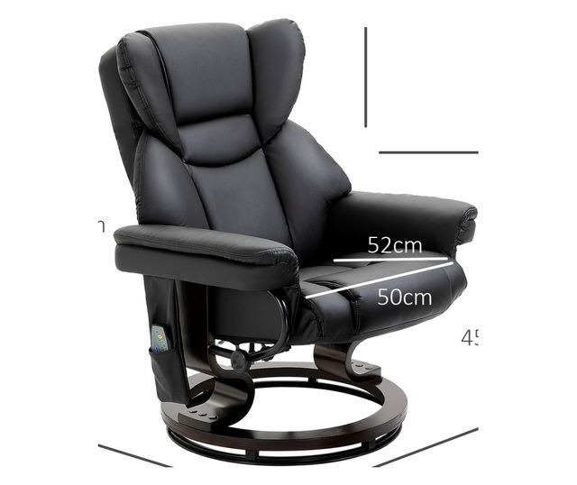 Dönthető masszázsfotel lábtartóval, 145° dőlésszöggel és 360° elforgatással, fekete