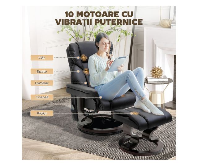 Dönthető masszázsfotel lábtartóval, 145° dőlésszöggel és 360° elforgatással, fekete