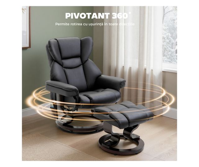 Dönthető masszázsfotel lábtartóval, 145° dőlésszöggel és 360° elforgatással, fekete