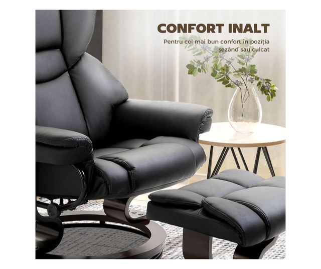 Dönthető masszázsfotel lábtartóval, 145° dőlésszöggel és 360° elforgatással, fekete
