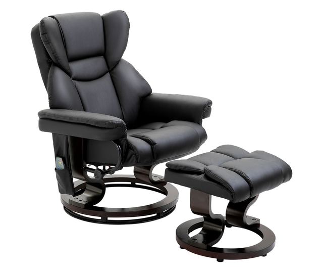 Dönthető masszázsfotel lábtartóval, 145° dőlésszöggel és 360° elforgatással, fekete