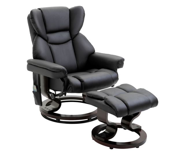 Dönthető masszázsfotel lábtartóval, 145° dőlésszöggel és 360° elforgatással, fekete