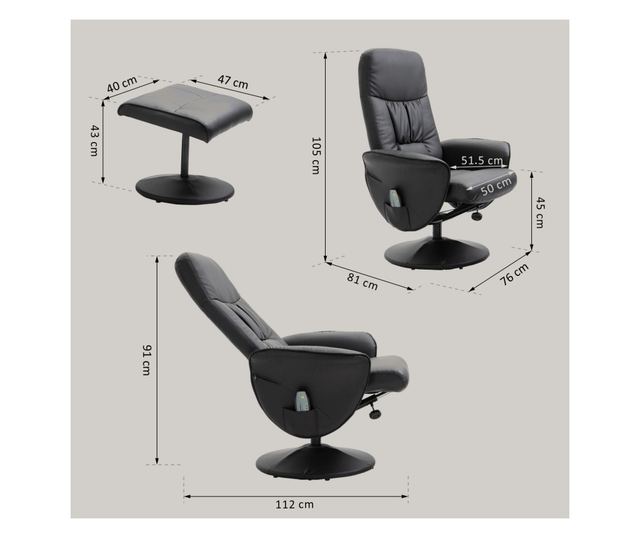 Dönthető fotel lábtartóval, 145° dönthető háttámla 360° forgó ülőfelülettel, 10 masszázsponttal, fekete