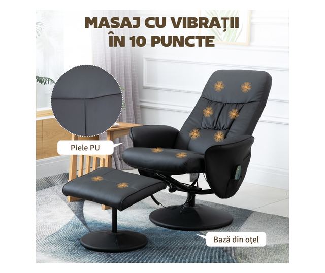 Dönthető fotel lábtartóval, 145° dönthető háttámla 360° forgó ülőfelülettel, 10 masszázsponttal, fekete