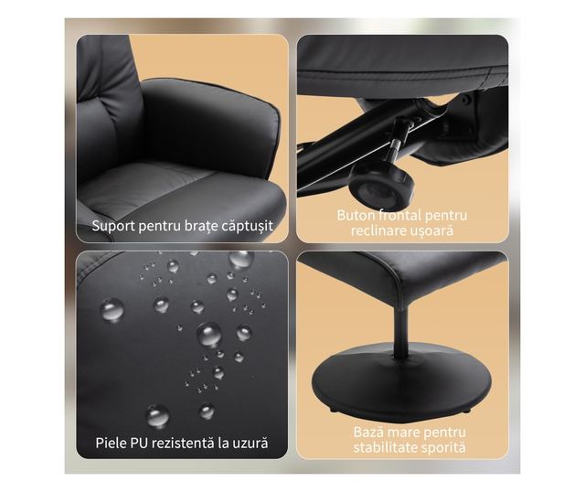Dönthető fotel lábtartóval, 145° dönthető háttámla 360° forgó ülőfelülettel, 10 masszázsponttal, fekete